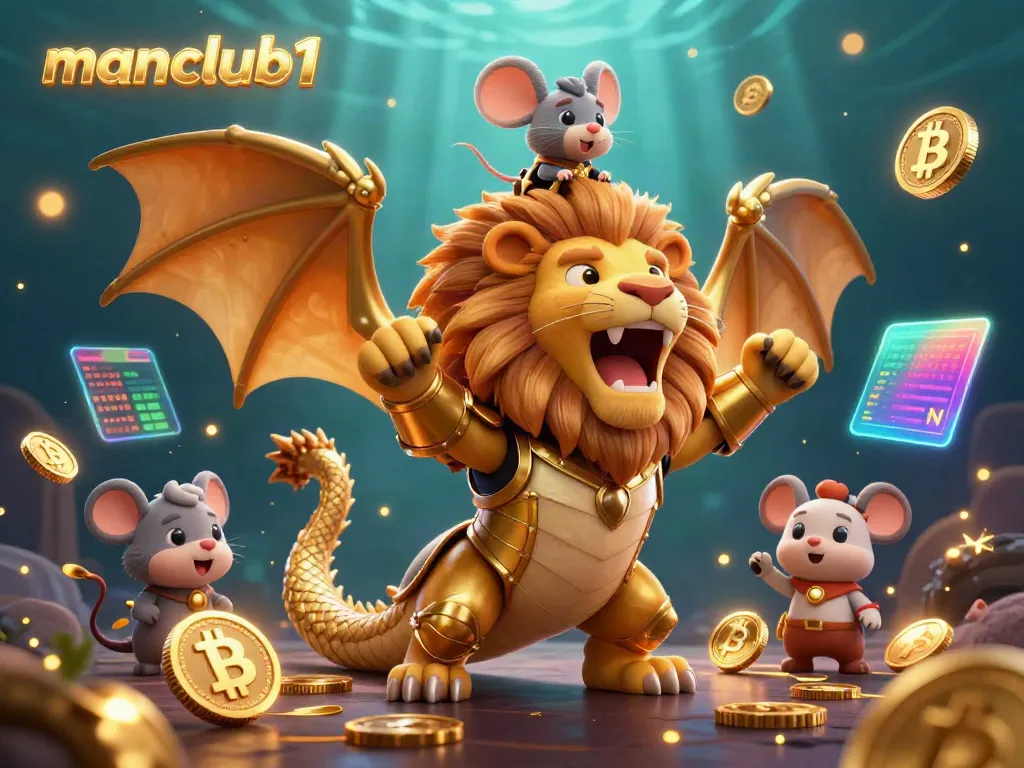 Engage in thrilling bets at manclub1 with a vibrant 3D casino illustration featuring a chimera and crypto symbols.