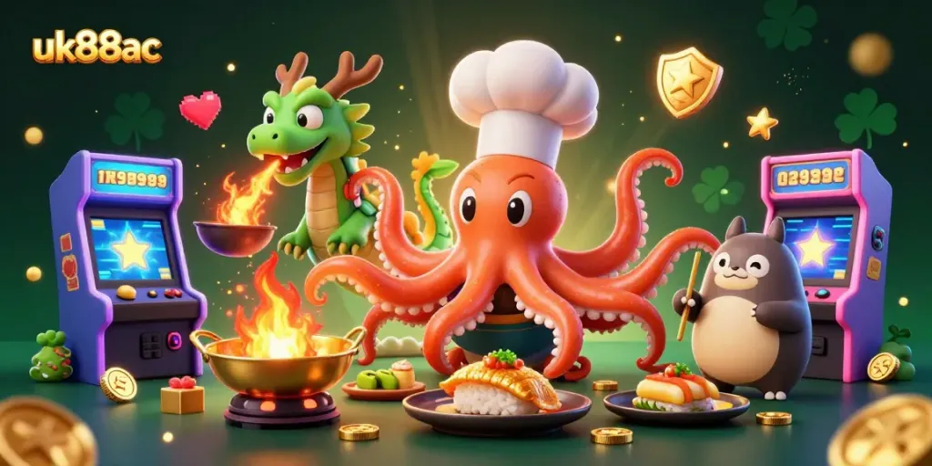 Join the excitement of uk88ac as the octopus chef and dragon bring casino fun with golden dishes.