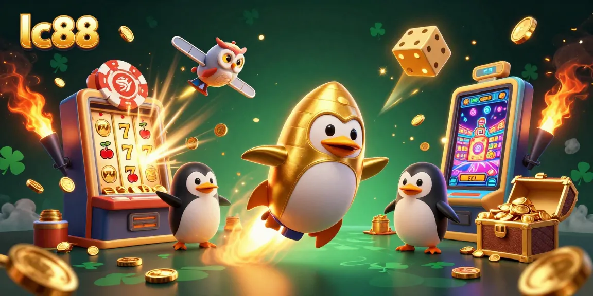 Experience the exciting lc88 casino adventure with a golden penguin, jackpot slots, and dazzling effects!