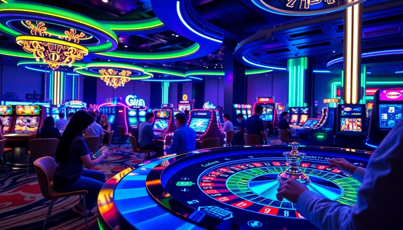 Experience new technology in a futuristic casino with digital gaming and immersive displays.