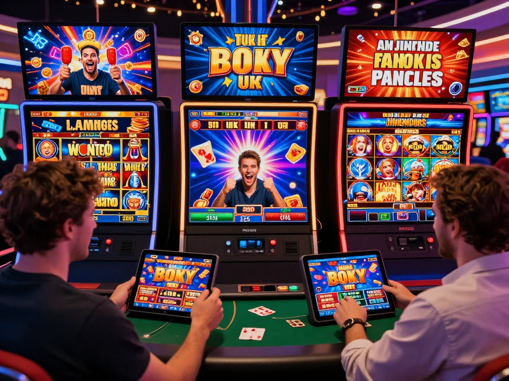 Excited players celebrating wins at USA casinos for UK players, immersed in colorful virtual slots and live dealer games.