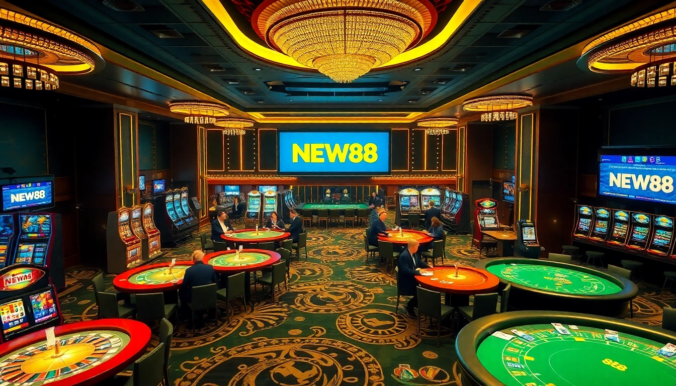 Experience thrilling gaming action at new88 online casino with vibrant tables and slot machines.