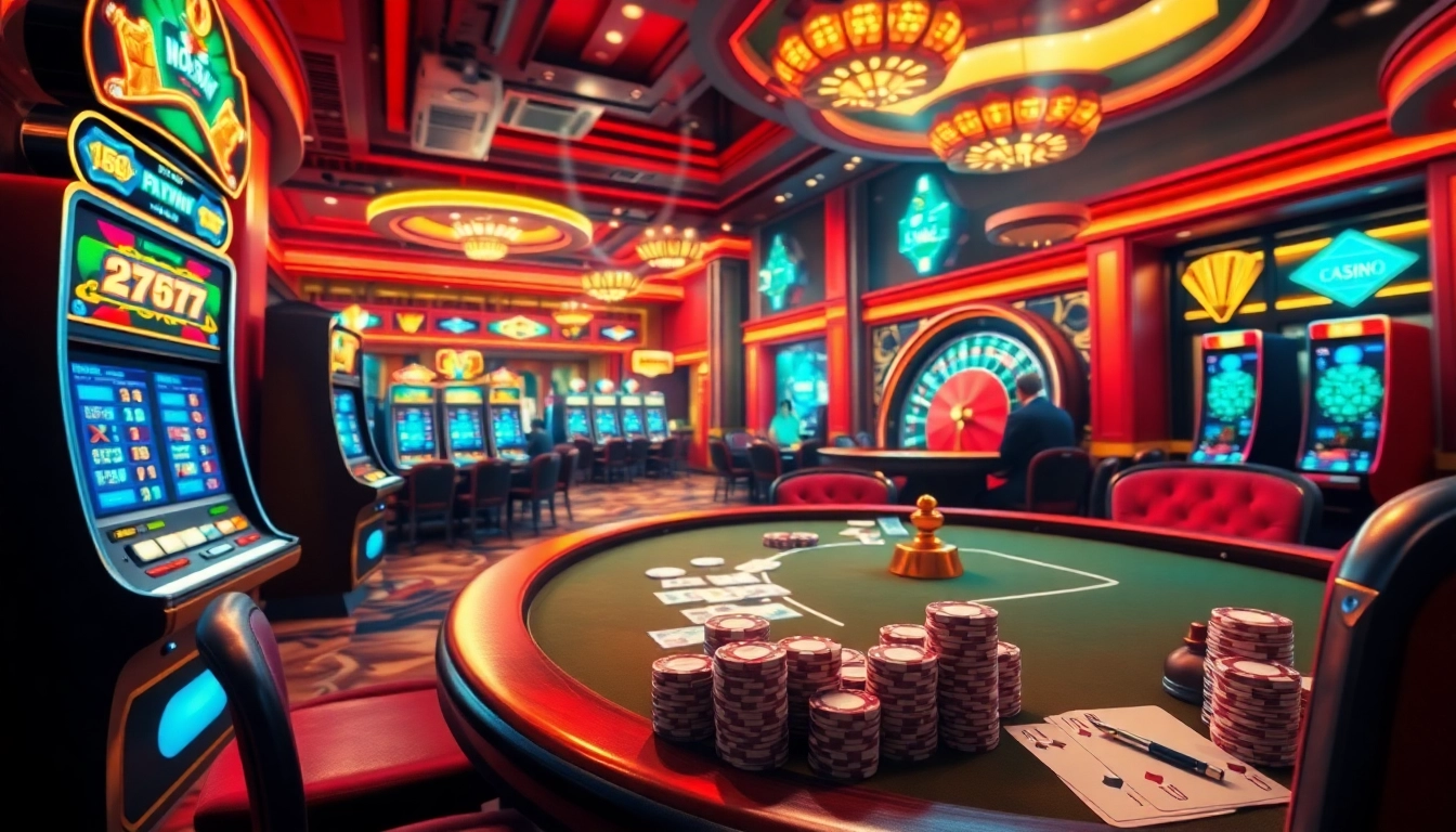 The lively scene of nhà cái 78win featuring poker players and slot machines in a bustling casino atmosphere.