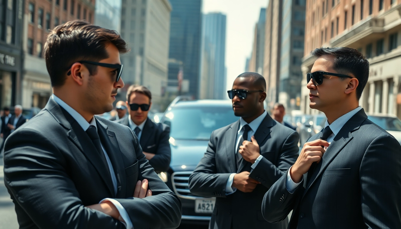 executive protection agents maintain alertness in a busy city, showcasing professionalism.
