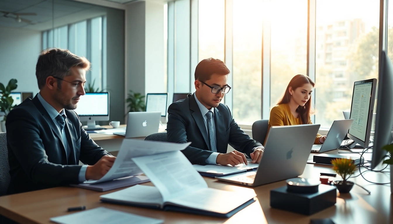 Sworn translator team collaborating on legal document translations in a modern office.