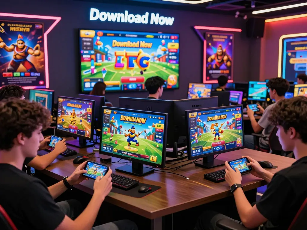 Engaging players downloading tải hitclub on devices in a vibrant gaming environment.
