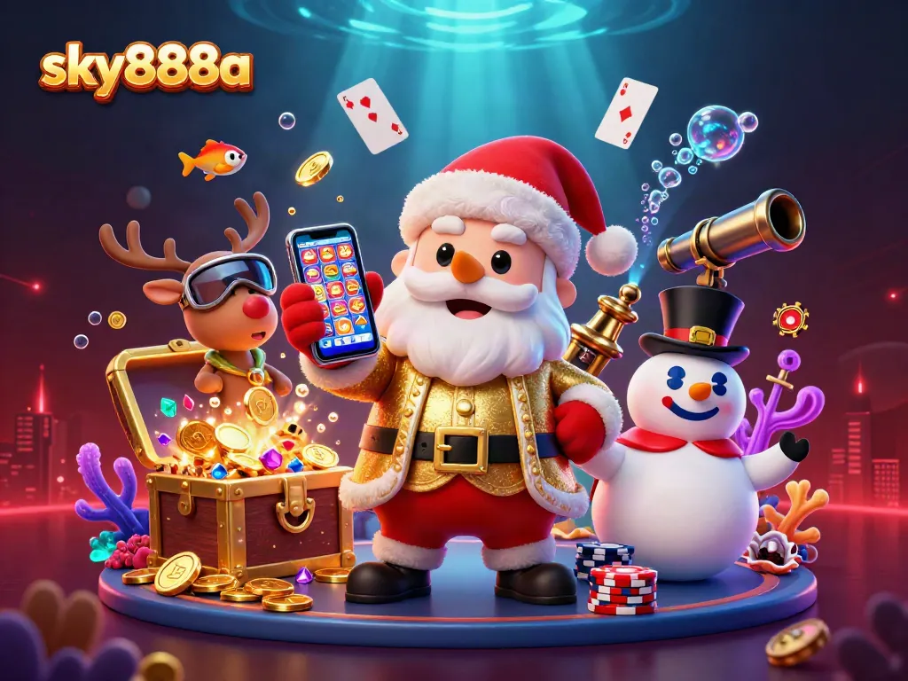 Experience thrilling casino jackpots with sky888a featuring Santa Claus and fun themes in a colorful 3D scene.