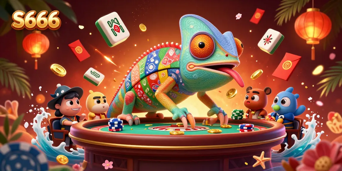 S666 captivates players with vibrant casino elements amid a colorful chameleon owner