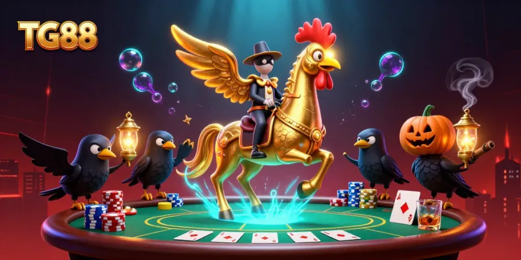 Experience thrilling action at TG88 with a golden rooster and poker games ambiance in a vibrant casino