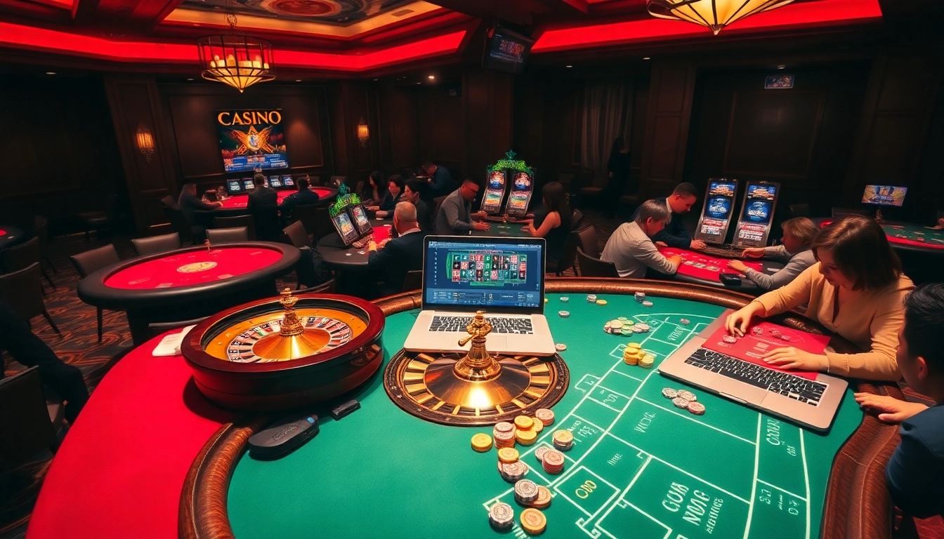 Engaging scene at Casino XX88 with vibrant poker tables, roulette wheel, and online gambling interface.