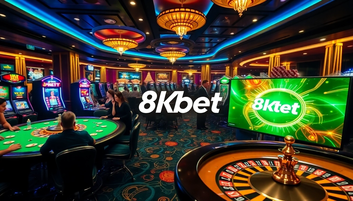 Experience the thrill of 8kbet in a luxurious casino with vibrant games and excited players.