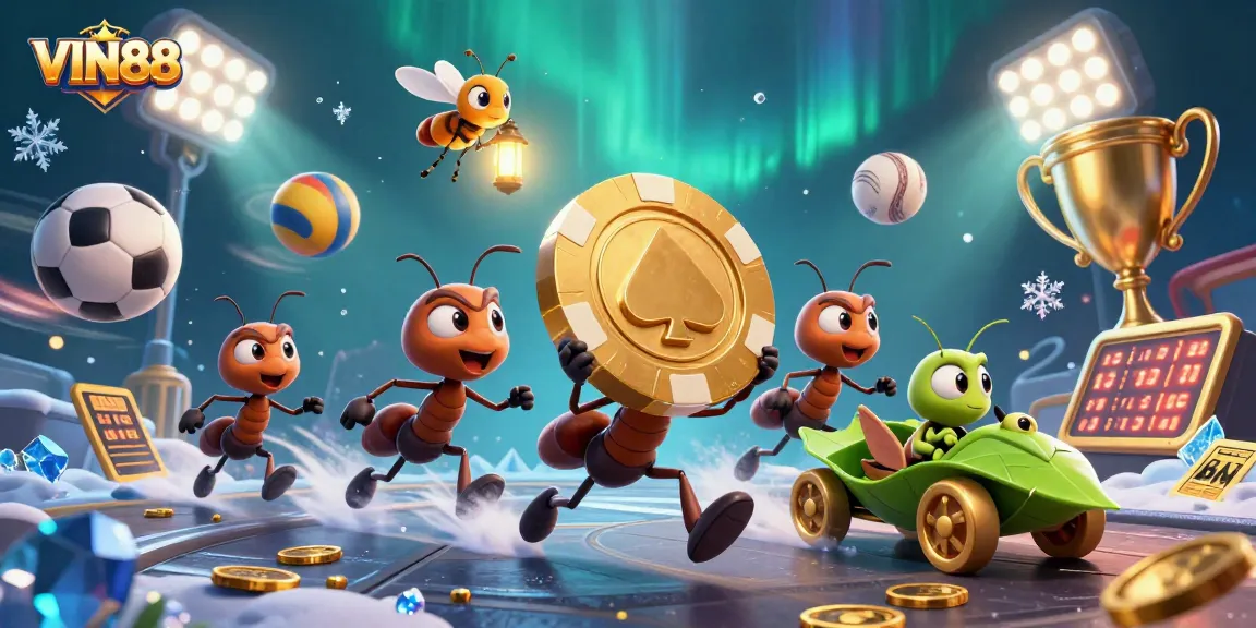 Engage with VIN88 through a thrilling heist scene featuring 3D ants and vibrant casino elements.