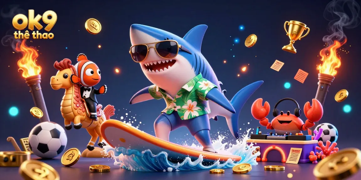 Engage in exciting betting with ok9 thể thao, featuring a shark, clownfish, and crab in a vibrant casino world.