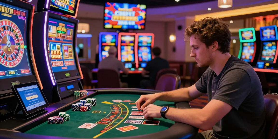 Engaged player enjoying their experience at a credit card casino with vibrant lights and dynamic gaming atmosphere.