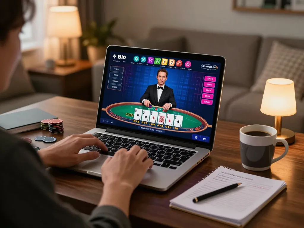 Player engaging in blackjack on 678vip from a cozy home setting, showing strategy notes and laptop interface.
