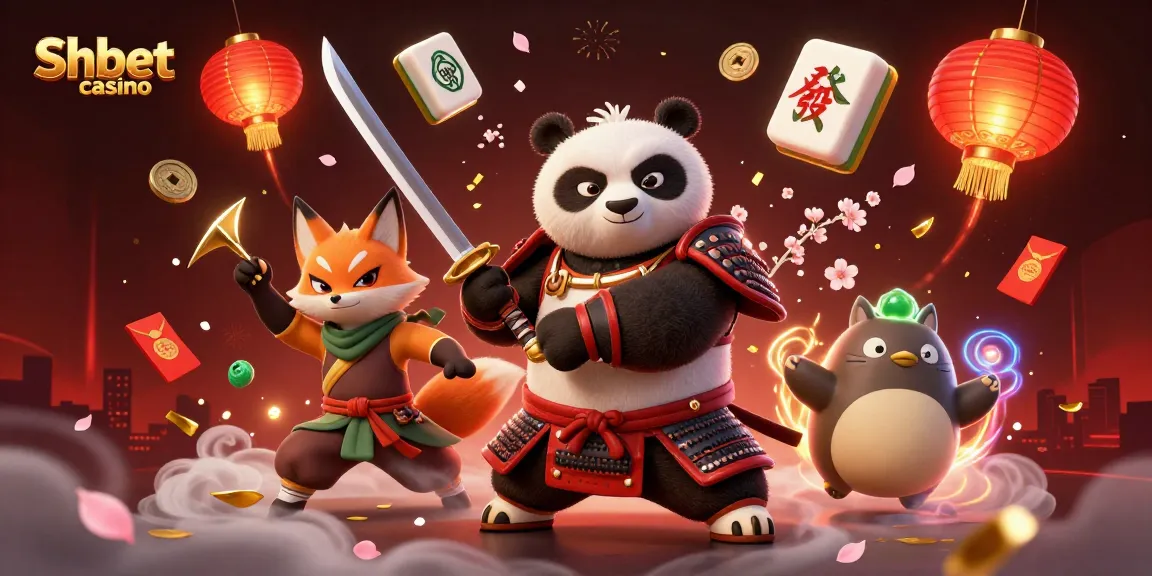 Experience the thrill of Shbet casino with a dynamic 3D scene featuring a samurai panda and ninja fox.