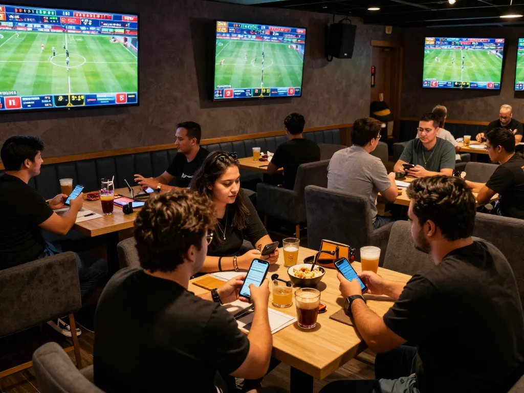 Betting strategies in action at a bustling lounge filled with screens for live sports and enthusiastic bettors at 888NEW.
