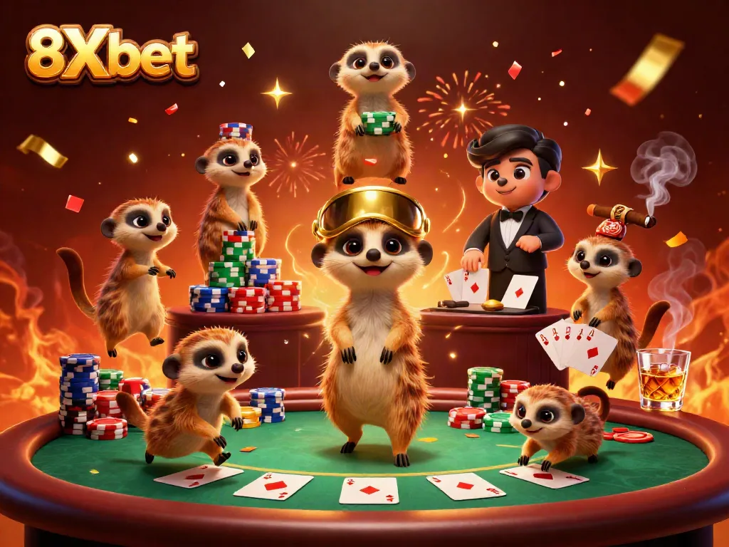 Experience the excitement of 8Xbet with meerkats in a lively casino scene showcasing cards and colorful chips.