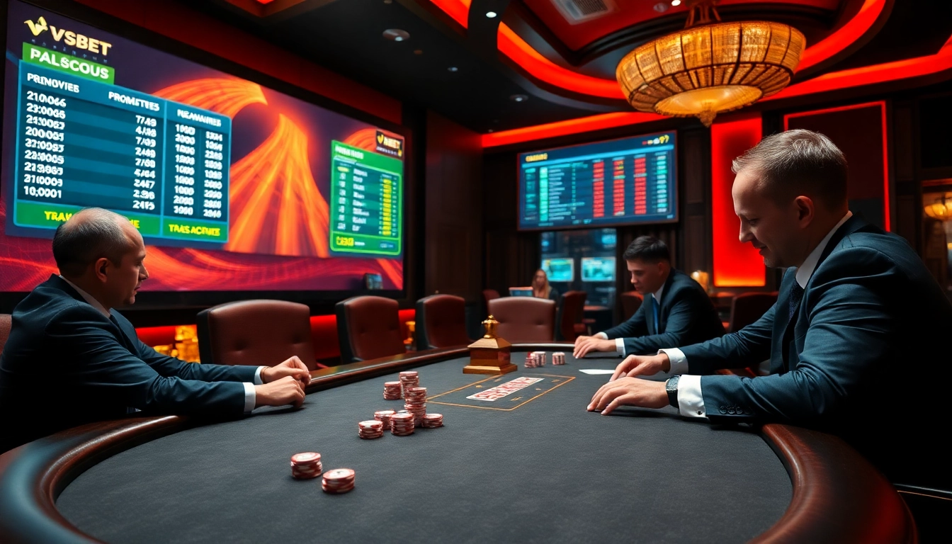 Professional players engaging in a high-stakes poker game at VSBET's luxurious casino setup.
