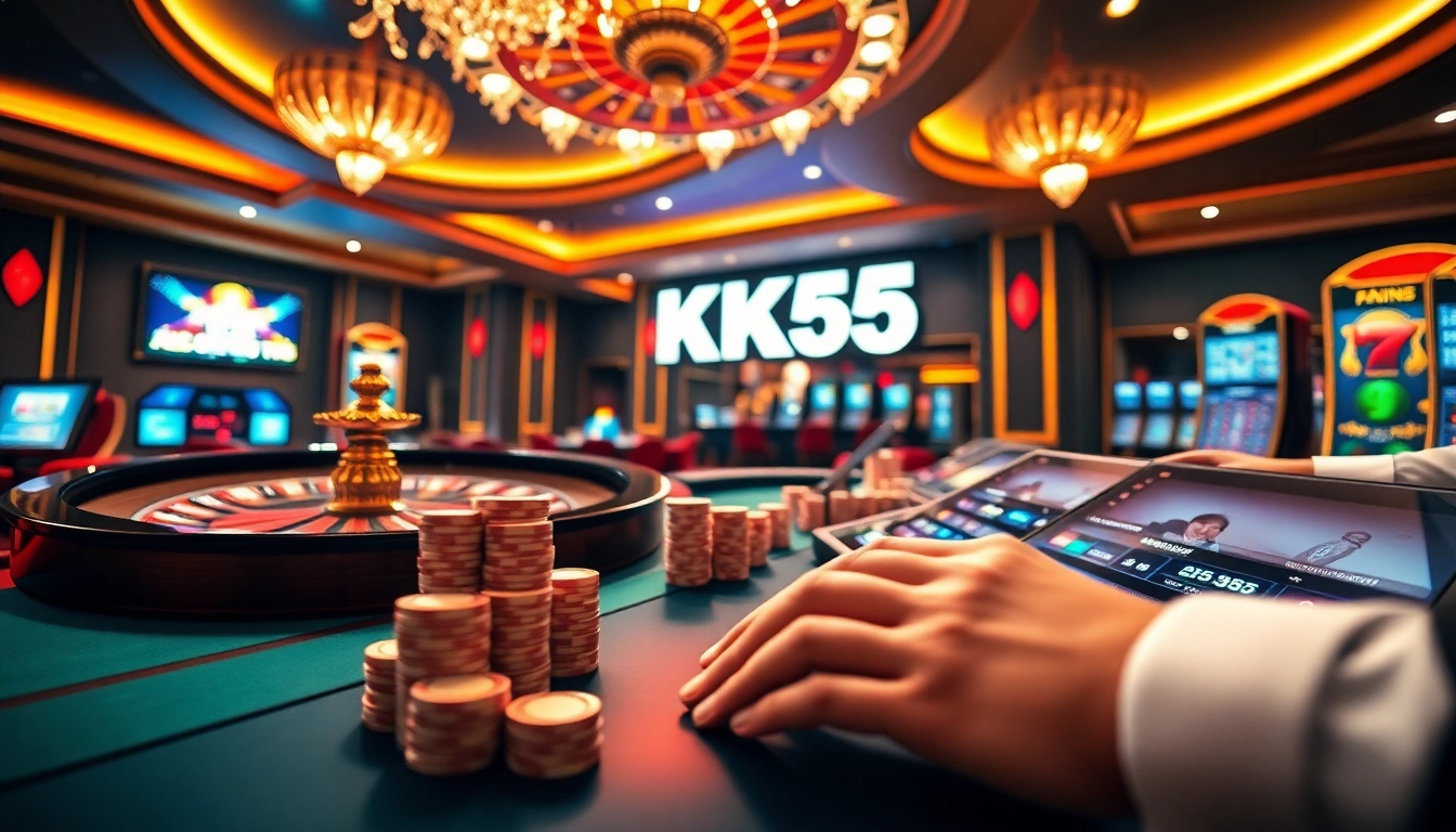 Betting at KK55 casino with vibrant lights and exciting gaming elements.