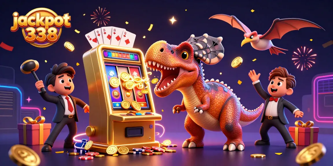 Experience the excitement of winning with jackpot338 as a pachycephalosaurus heads into action with a slot machine.
