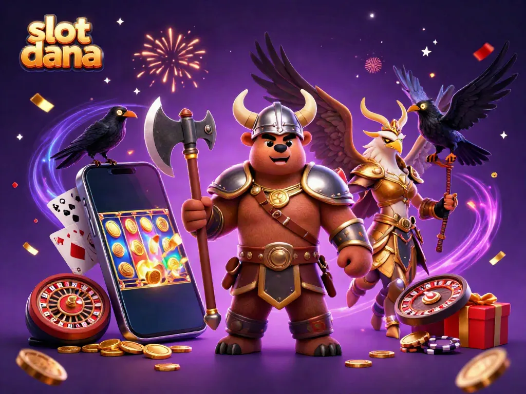 Spin the reels of slot dana alongside a Viking bear and Valkyrie eagle in this energetic illustration.
