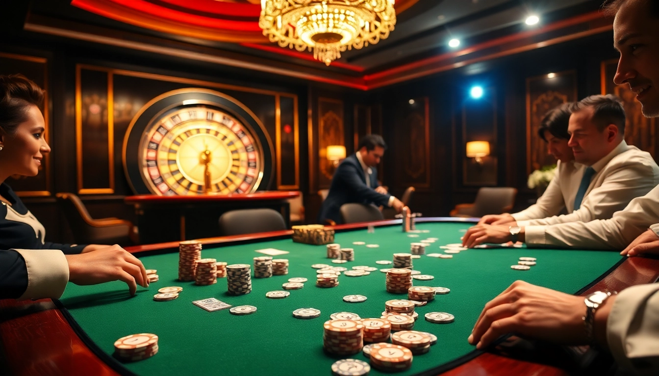 Players strategizing at a u888bet high-stakes poker table with luxurious decor.
