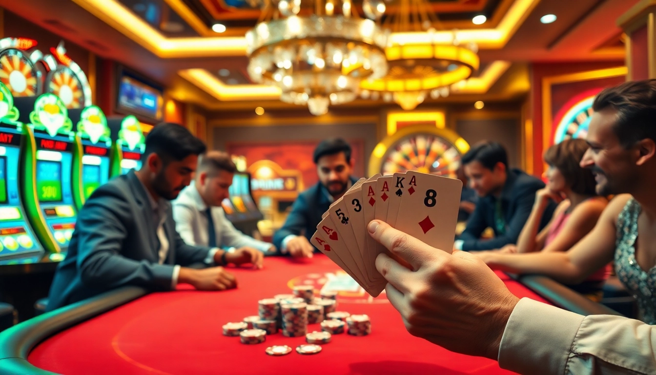 Experience the thrill of high-stakes poker with fly88 in a vibrant casino atmosphere.