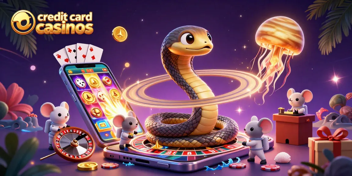 Engaging scene with credit card casinos cartoon characters like Saturn snake and astronaut mice betting.