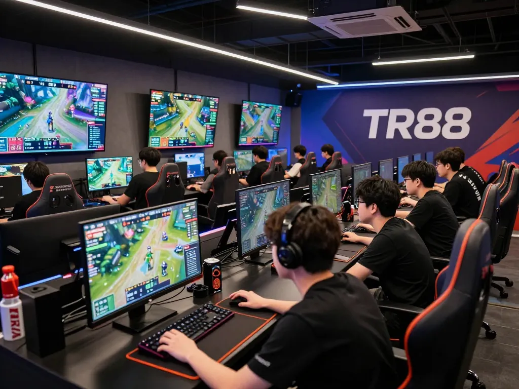 Engaged bettors analyze esports strategies at TR88 gaming lounge.
