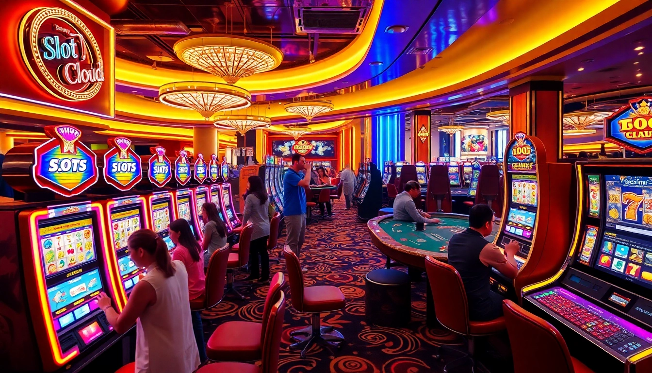 Players enjoying the Slot Cloud area, celebrating wins with vivid slot machines.