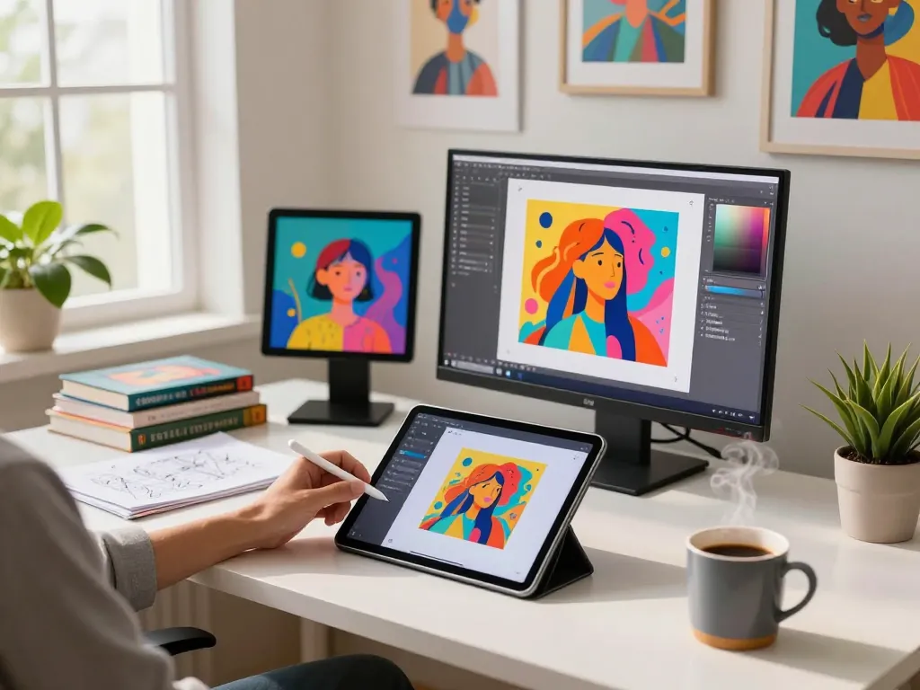 AI artist utilizing an image prompt generator to create vibrant digital art in a modern workspace.