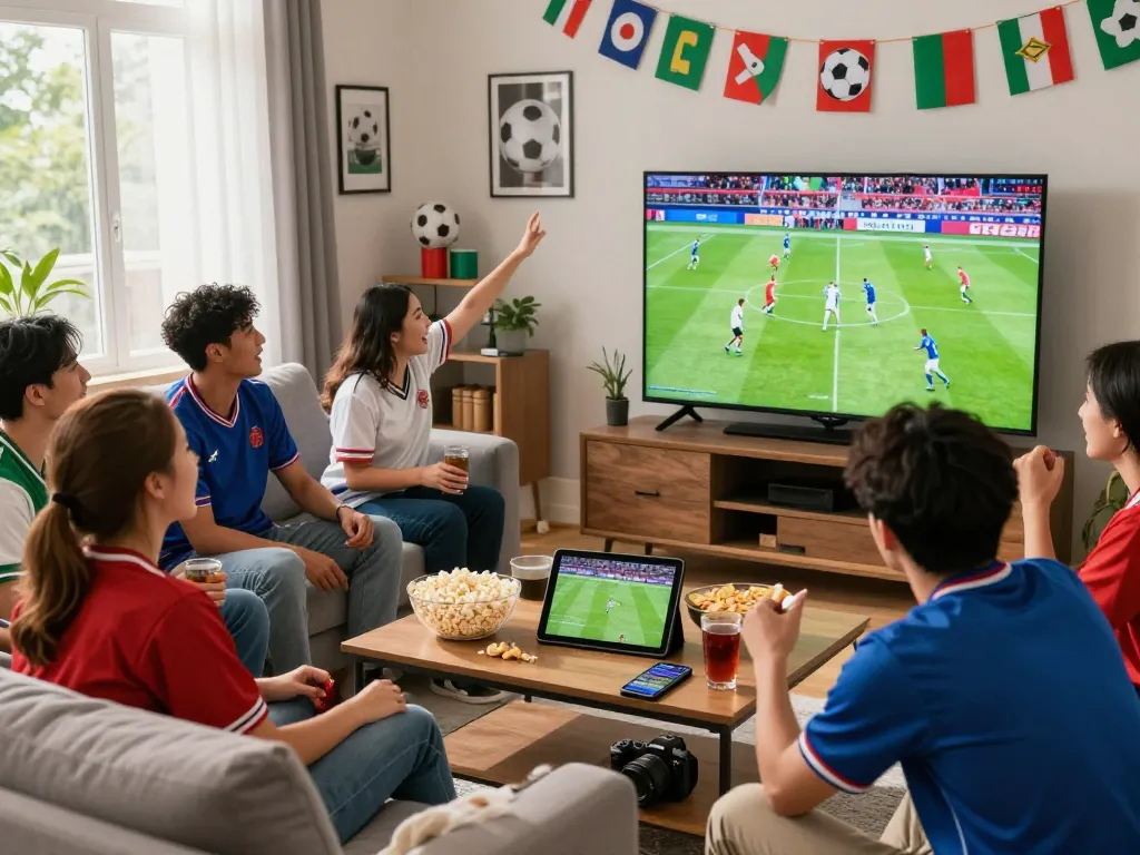 Friends enjoying Cakhia TV football streaming in a lively living room filled with excitement.