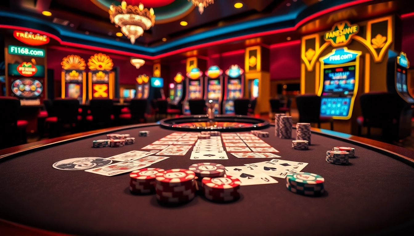 Exciting poker game at f168.com with vibrant chips and high-stakes cards in play.