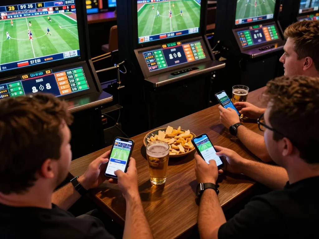 Fabet players intensely engaging in live sports betting at a lively venue filled with excitement.