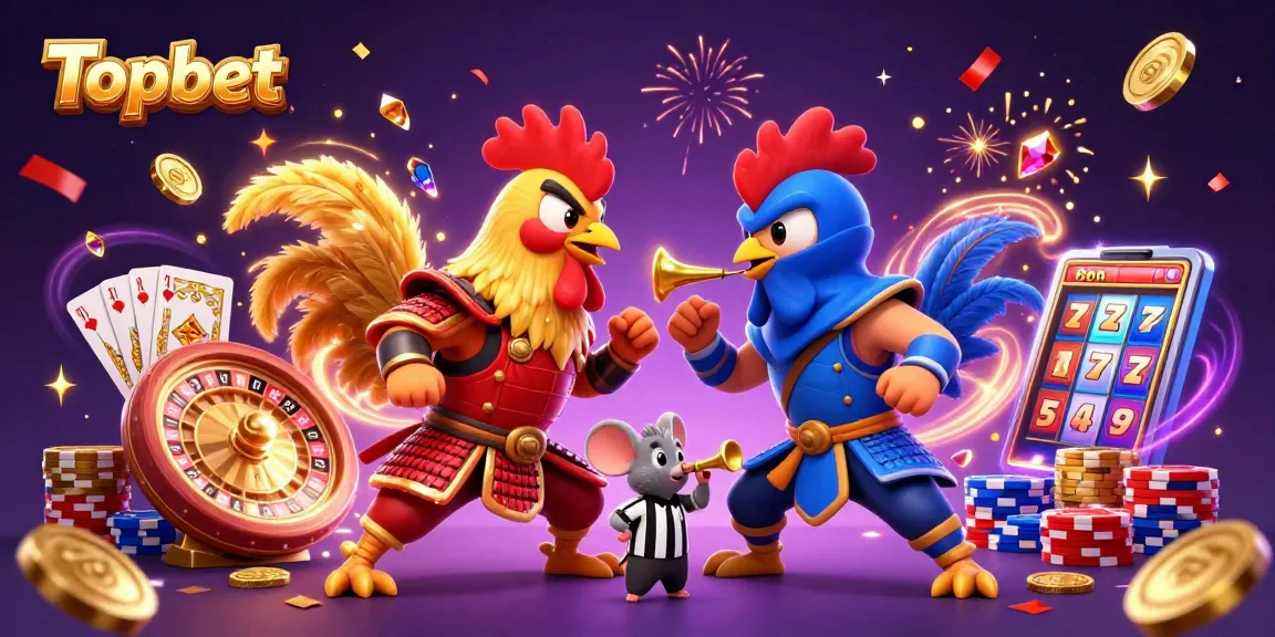 Topbet's dynamic casino-themed illustration with 3D fighting roosters and sparkling elements.
