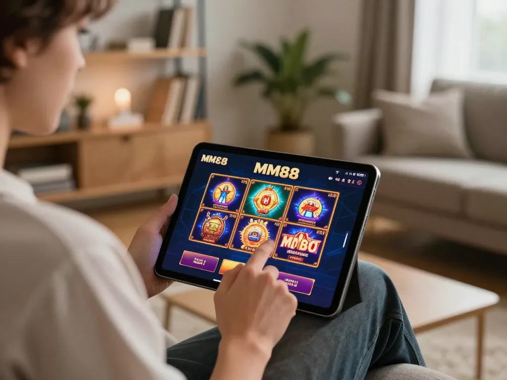 Engaging with MM88 online gaming on a tablet at home, showcasing vibrant slot games