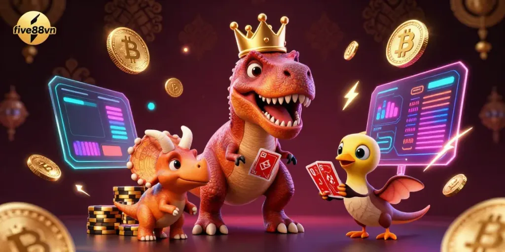 Engage with the exciting world of five88vn as the T-Rex shuffles cards amidst crypto elements and stacked golden chips.