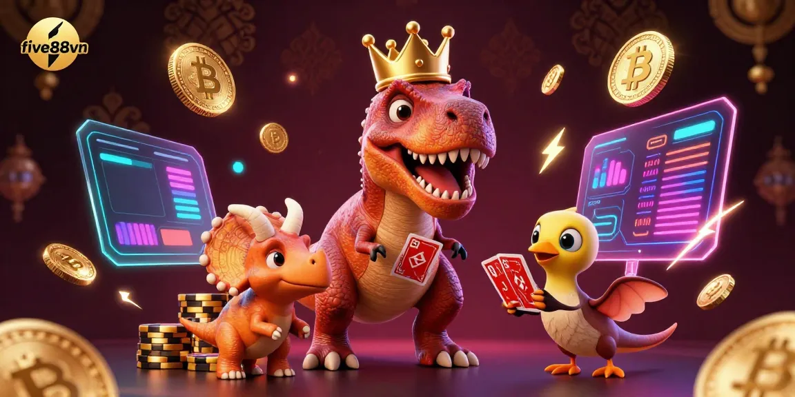 Engage with the exciting world of five88vn as the T-Rex shuffles cards amidst crypto elements and stacked golden chips.