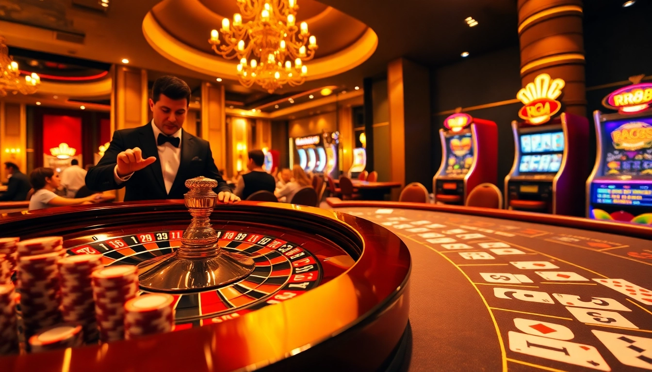 Experience thrilling gameplay at RR88 with vibrant casino tables, engaging dealers, and glamorous poker chips.