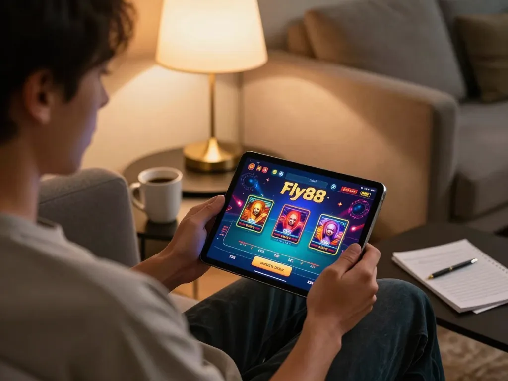 Fly88 player enjoying online poker game on tablet in cozy living room