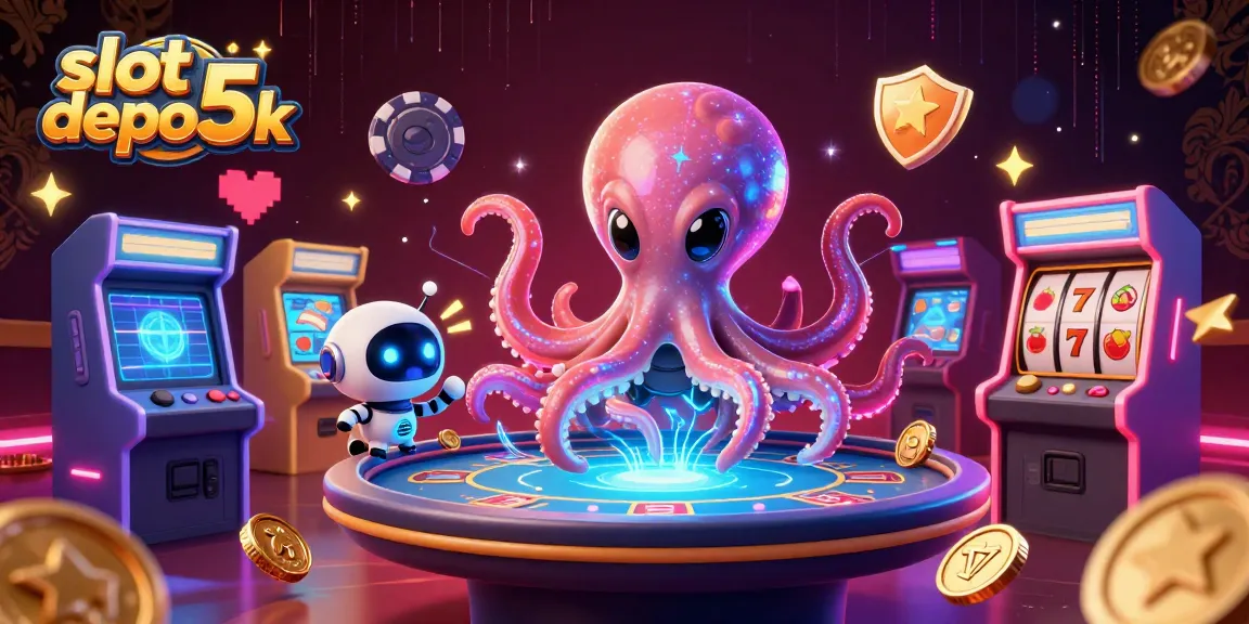 Engage with exciting slot depo 5k gameplay featuring a cosmic octopus and holographic poker elements.
