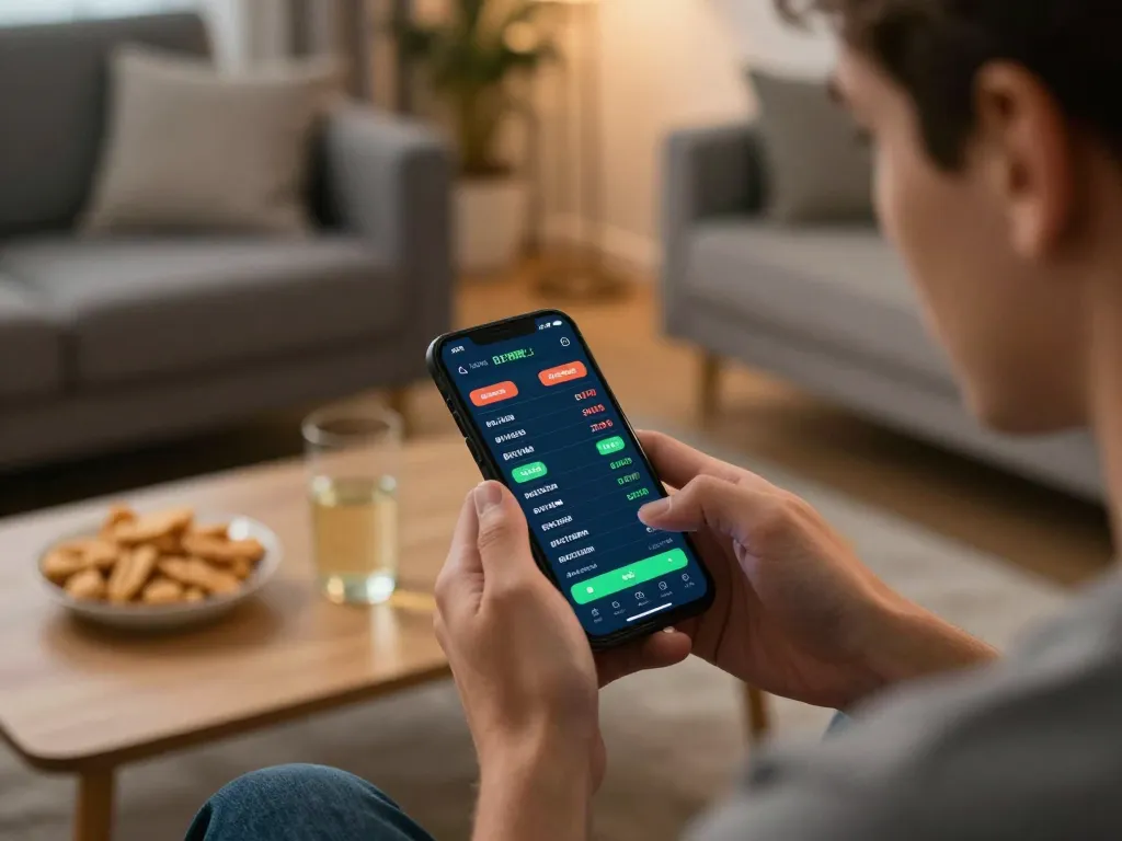 Person using a sports betting app with live odds on their smartphone, emphasizing strategic planning for cakhiatv capital.