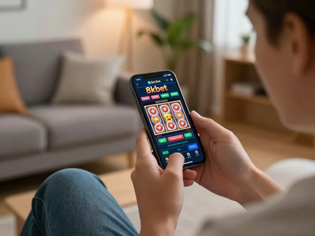 Engaged user exploring slot games on the 8kbet online casino app in a cozy home environment.