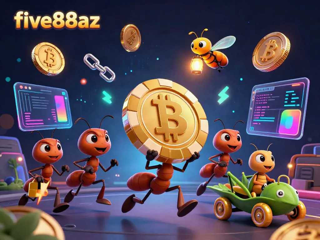 Experience the excitement of five88az with ants’ heist carrying a giant poker chip in 3D illustration.