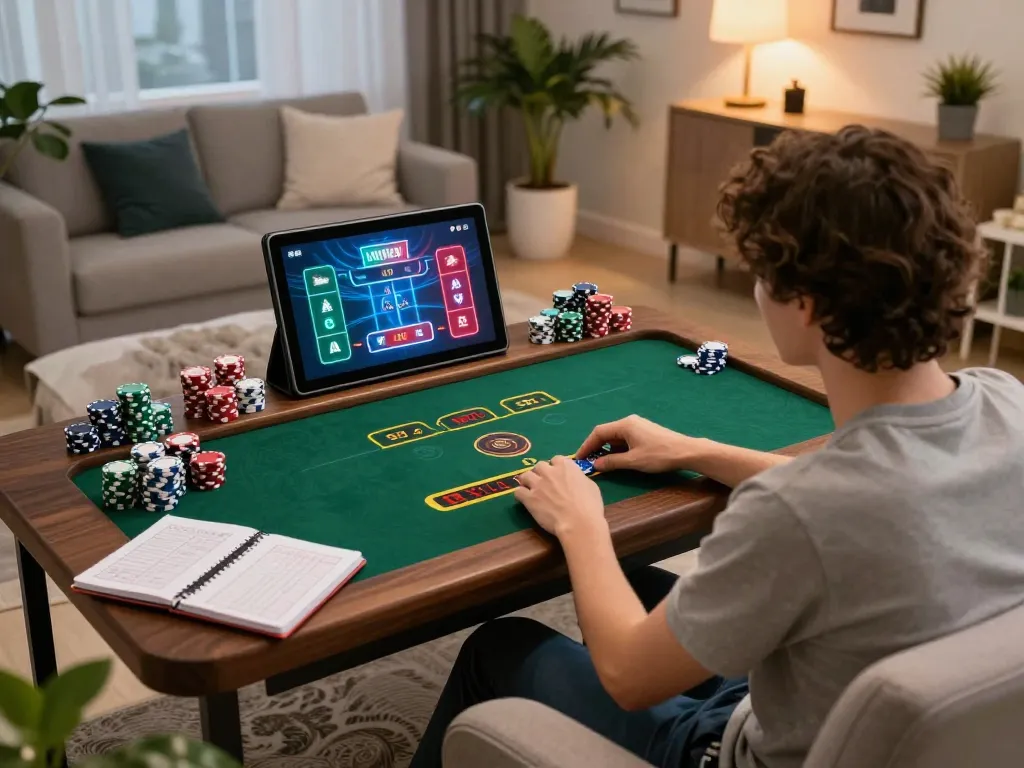 Online player immersed in live dealer game on tablet, showcasing tr88seo gaming experience in cozy environment