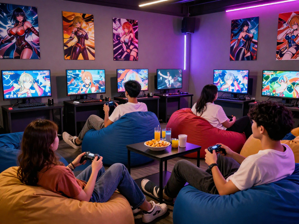 Enjoying a vibrant hentai game session in a lively gaming lounge.