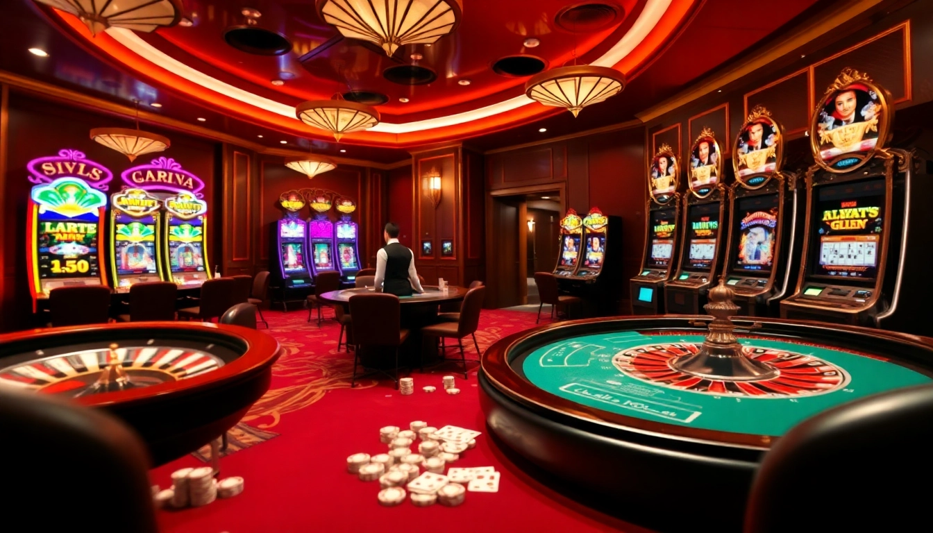 Exciting casino scene showcasing xin88's luxury gaming experience with poker and slot machines.