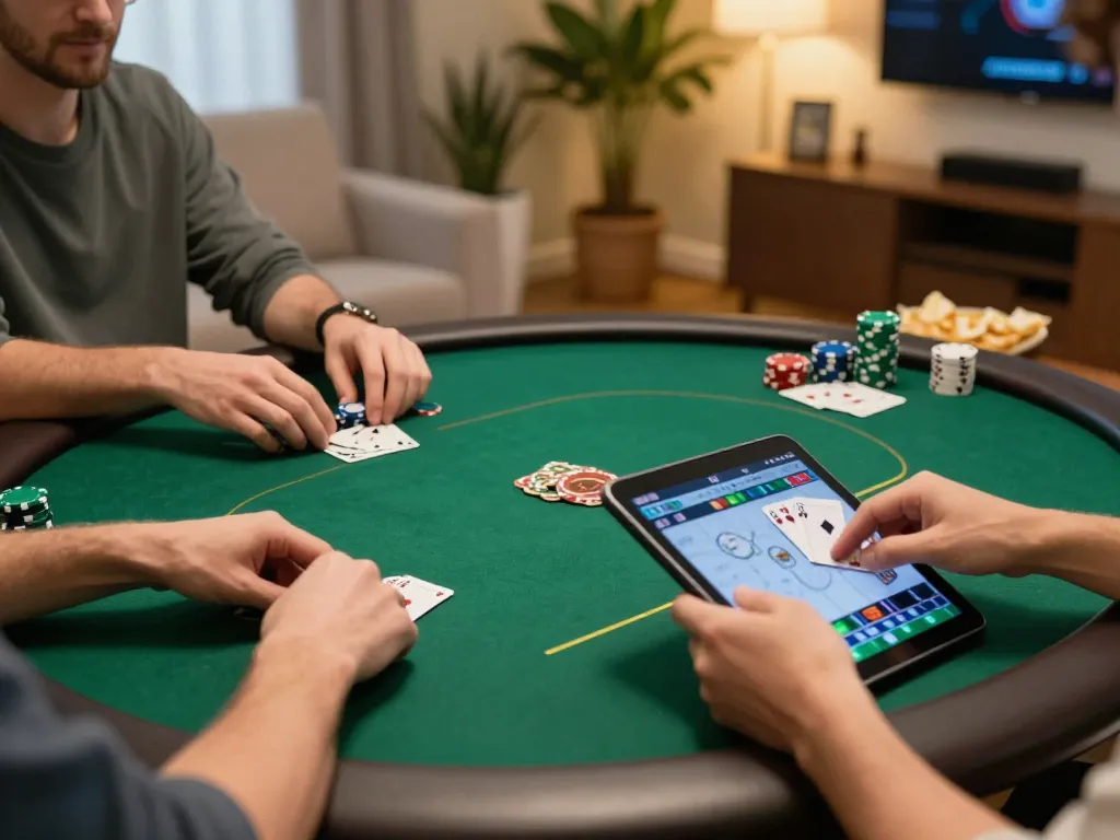 Engaging online poker gameplay experience at https://dagatructiep.co.uk/, featuring hands placing bets and enjoying a cozy home atmosphere.