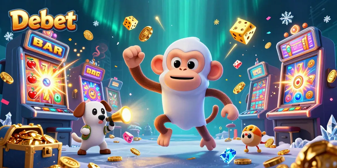 Experience thrilling gaming at Debet with a playful monkey ghost juggling gold in a lively casino.